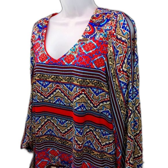 CATO Woman's Medium Lined Midi V- Neck Long Sleeve Multicolor Pattern. Blue/ Red - Picture 1 of 13
